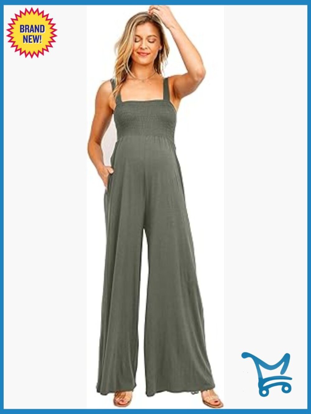 Sleeveless Maternity Jumpsuit Romper Smocked Neck Pockets Wide Leg